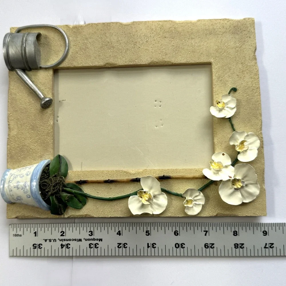 Dezine 3D Orchid Watering Can Garden Picture Frame 4x6 Vintage 2001 Hand Painted